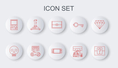 Set line Mystery or random box, Skull, Chest for game, Racing simulator cockpit, Retro arcade machine, Joystick, Game console with joystick and Portable video icon. Vector © vector_v