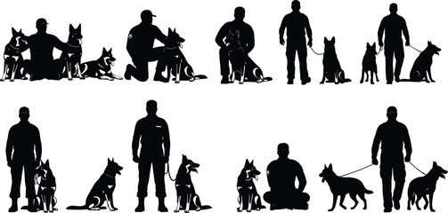 Police and Military Working Dog Silhouettes, K9 Unit Service Animals, Handlers Training German Shepherd and Malinois Breeds, Vector Illustration Content, Security Obedience
