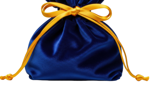Isolated blue velvet gift bag closed with gold ribbon, present pouch, presentational container - Powered by Adobe
