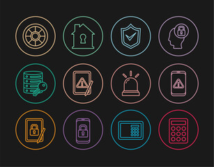 Set line Password protection, Mobile with exclamation mark, Shield check, Tablet, Server security key, Safe, Motion sensor and House under icon. Vector