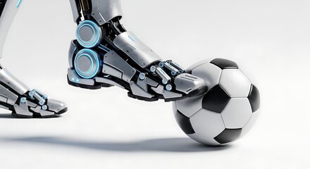 Close up of a futuristic robotic leg with glowing blue accents kicking a classic black and white soccer ball isolated on white background