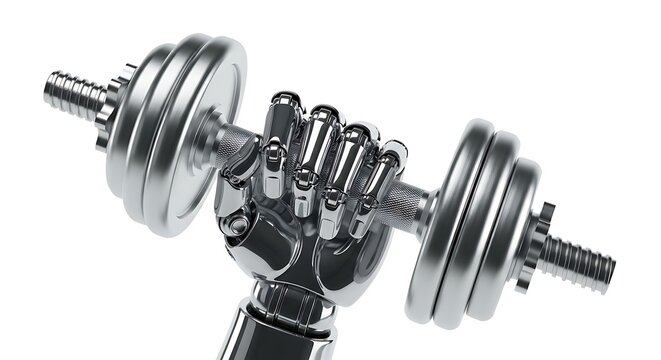 A metallic robotic hand gripping a black hexagonal dumbbell showcasing strength and advanced technology in a fitness context isolated on white background - Powered by Adobe