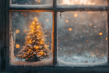 Generative ai image of glowing christmas tree seen through frosty winter window creating cozy festive holiday mood