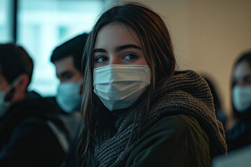 Generative AI image of a student in mask and face shield attending class during pandemic school lecture or exam