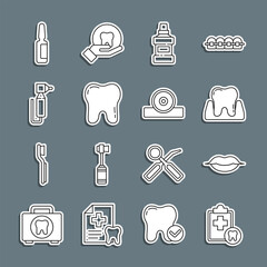 Set line Dental card, Smiling lips, Tooth, Mouthwash bottle, drill, Painkiller tablet and Otolaryngological head reflector icon. Vector