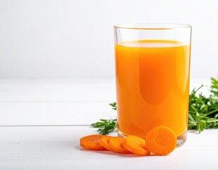 Bright carrot juice, slices, parsley on white table