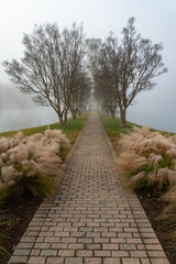 Clock tower on a lake on a foggy morning
