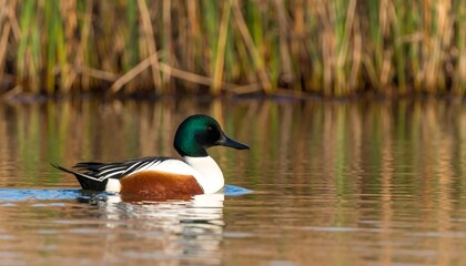 Obraz premium Colorful duck on calm water, reeds in background