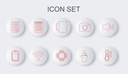 Set line Thermometer, Battery, Coffee cup, Speaker, Document, Notebook, Wi-Fi wireless network and Processor with CPU icon. Vector