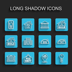 Set line House, Hanging sign with For Rent, Online real estate house, Location, key, Warehouse and icon. Vector