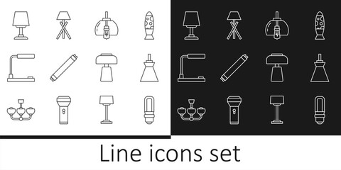 Set line LED light bulb, Lamp hanging, Chandelier, Fluorescent lamp, Table, and Floor icon. Vector
