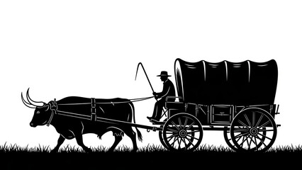 Pioneer man driving an ox-drawn covered wagon depicted in a vintage woodcut style silhouette ideal for historical projects and educational content