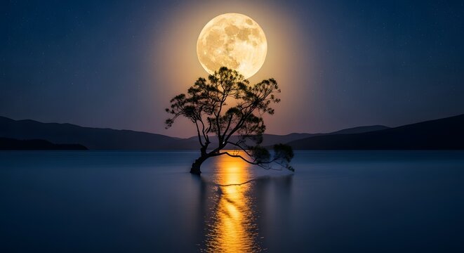 Tranquil scene of a tree in a lake under a mystical full moon. Romantic and serene natural beauty at night. Silhouetted tree in Wanaka, New Zealand, reflecting a golden moon on the water