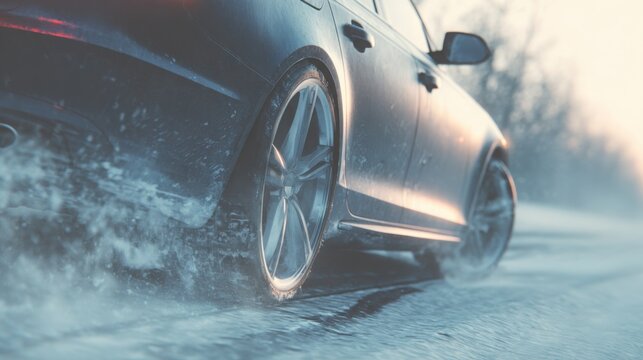 abrupt braking on icy road, ABS pulsing, car sliding slightly sideways, snow flying, cold winter environment, clean minimalistic style, soft