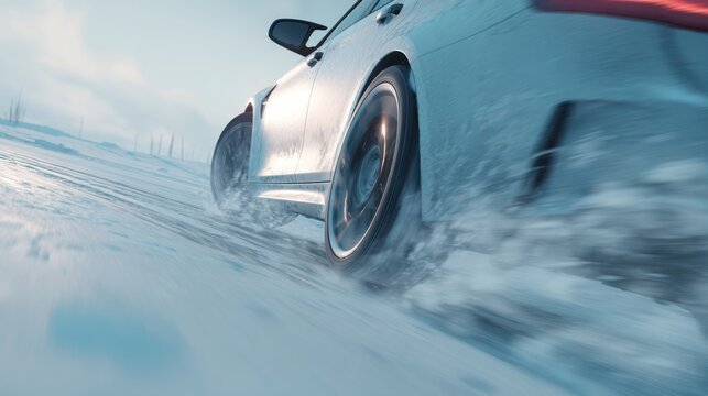 abrupt braking on icy road, ABS pulsing, car sliding slightly sideways, snow flying, cold winter environment, clean minimalistic style, soft