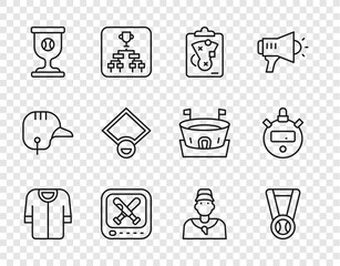 Set line Baseball t-shirt, Medal with baseball, Planning strategy, Monitor game, Award cup, field, coach and Stopwatch icon. Vector