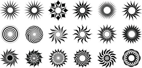 Sun and Spiral Logo Collection, Geometric Abstract Symbols, Modern Minimalist Design Elements, Swirl, Starburst, and Radial Shapes Vector Set for Branding, Tattoo, and Decoration