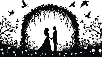 Wedding Couple Silhouette under Arch, Vector Illustration of Romantic Outdoor Ceremony with Floral Garland, Birds Flying, and Lush Meadow Grass, Perfect for Invitations, Cards, and Decoration.
