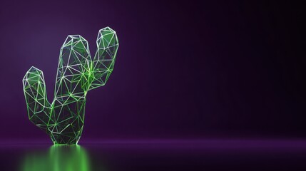 bright neon green geometric cactus made of glass polygons placed on deep purple background, sharp contrast, futuristic minimal concept of digital