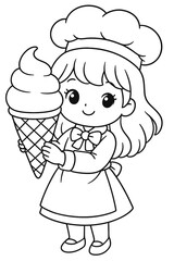 Little girl in a cap, smiling child chef character illustration drawing with big ice cream
