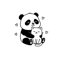 A cute baby panda bear and kitten cartoon vector illustration with a fun smile and bamboo in a Chinese wildlife zoo design