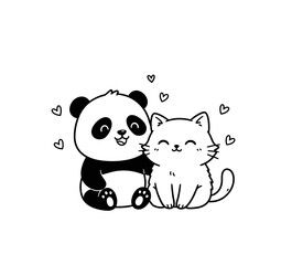 Cute baby panda and cat cartoon illustration with a heart design