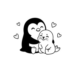 Pinguin and seal illustration with smiling face