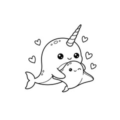 Cute blue whale and stingray animal cartoon illustration vector with a funny smile in the ocean water