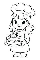 Little girl cartoon character chef with fun cake and dessert in the kitchen