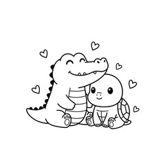Funny cartoon crocodile and turtle with a heart vector illustration for a children's coloring book