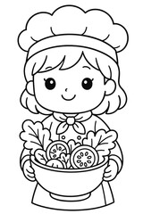 Fun cartoon vector illustration of a chef holding a bowl of vegetables