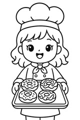 Little girl chef with a fun vector cartoon cooking donut