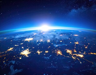 Earth sunrise, city lights pierce clouds
