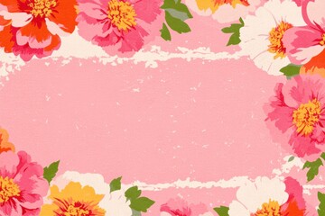 Fototapeta premium Floral Frame of delicate beauty: a vibrant border of blooming flowers, an enchanting frame that cradles a blank pink center, invites the eye to a world of elegance.