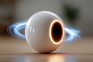 A glossy sphere features a dark void outlined with bright light, encircled by abstract blue energy trails, creating a striking illusion on a wood surface