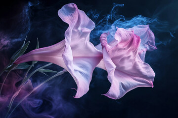 Fototapeta premium Glowing Pink Night Blooming Flower Among Dark Green Leaves With A Mysterious Atmosphere, Generative AI