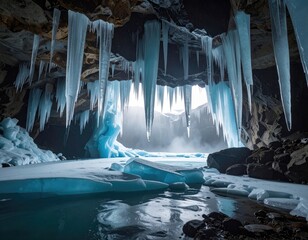 Ice cave reveals light; waterfall backdrop