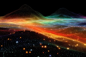 A multicolored grid creates a futuristic landscape with a network of light, resembling a sparkling terrain and a data visualization of cosmic proportions