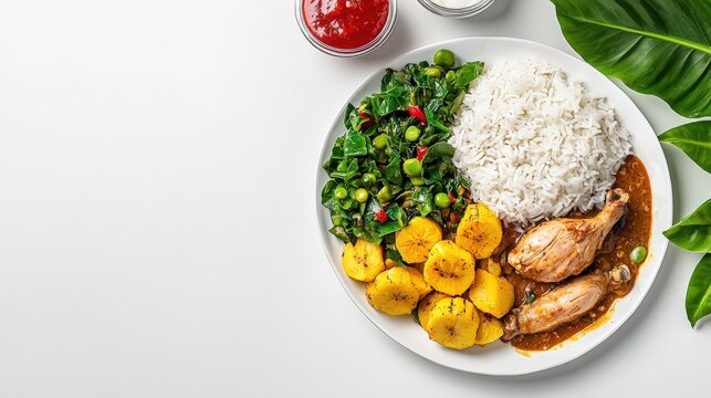 A vibrant Caribbean meal featu rice, chicken, fried plantains, and callaloo is displayed on a white plate against a clean, bright backdrop for a delicious lunch.