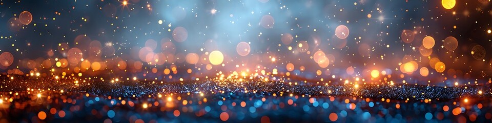 Panoramic Bokeh Background with Festive Golden and Blue Lights Abstract - Perfect for Celebrations and Special Occasions
