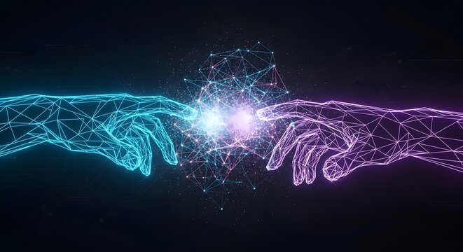 Abstract connection between human and artificial intelligence. Digital communication, partnership, and technological integration. Two glowing wireframe hands touching in a spark of digital network