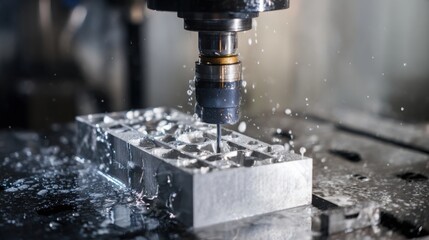 CNC machine carving intricate patterns into a silver aluminum block, coolant spray misting around the drill head, high tech metal engineering, close