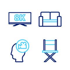 Set line Director movie chair, Head with camera, Cinema and Screen tv 8k icon. Vector
