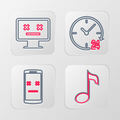 Set line Music note, tone, Dead mobile, Clock 24 hours and monitor icon. Vector