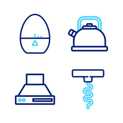 Set line Wine corkscrew, Kitchen extractor fan, Kettle with handle and timer icon. Vector