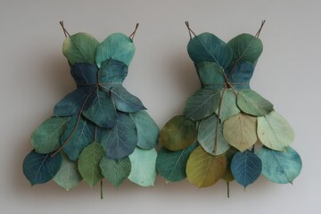 Two dresses made entirely of leaves, showcasing an innovative approach to fashion and symbolizing environmental awareness, sustainability, and the beauty of nature