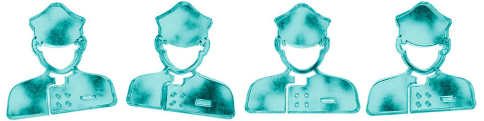 Set of four 3D butler shapes in frosted blue ice glass style, isolated on a transparent background. Glassmorphism icons and 3D elements for modern graphic design.