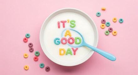 Colorful alphabet cereal spelling 'it's a good day' in milk bowl.