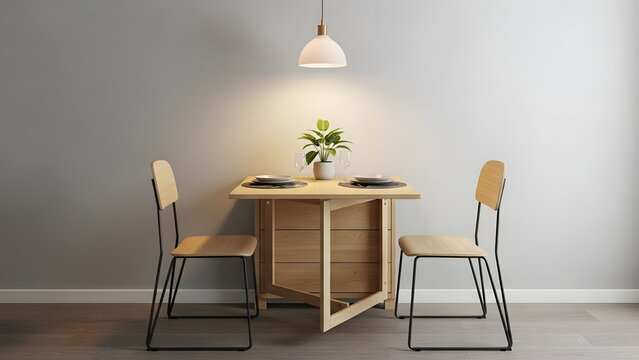 A dining table with chairs and a plant under a hanging light indoors