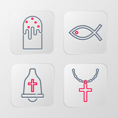 Set line Christian cross on chain, Church bell, fish and Easter cake icon. Vector